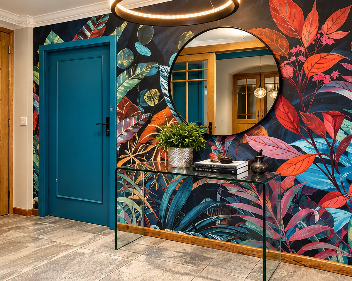 A hallway with a ring pendant light, a round mirror and a tropical feature wall