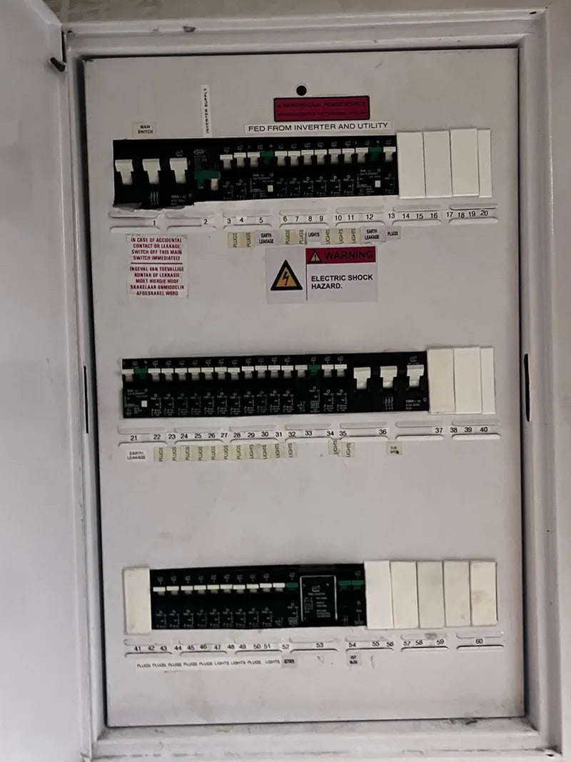 A three-row distribution board with labelled circuit breakers and warning labels