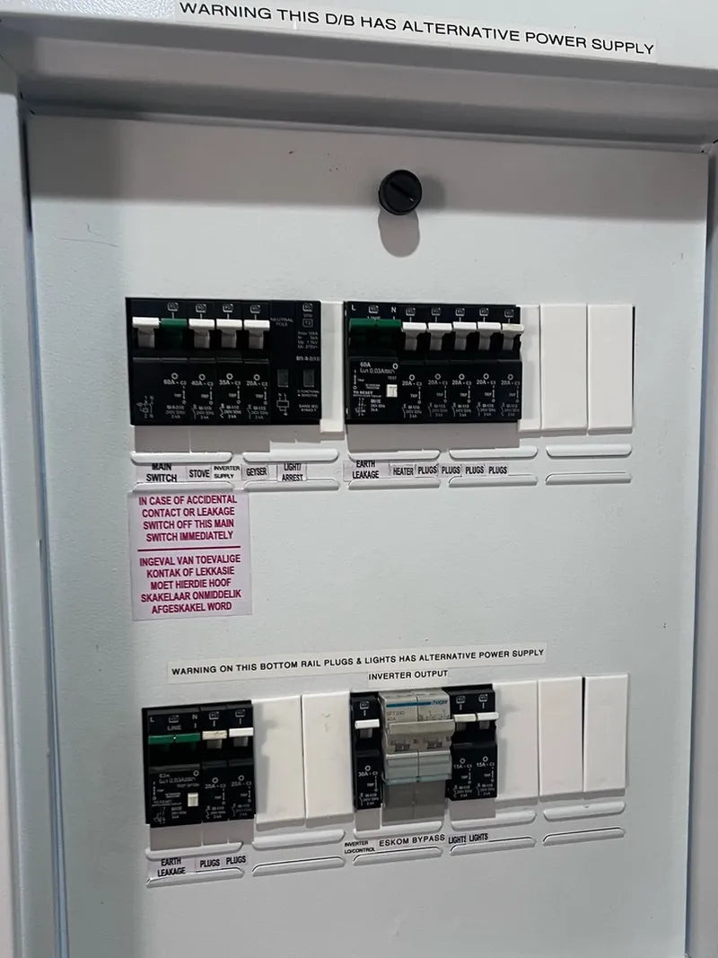 A distribution board with breakers and a warning label for an alternative power supply