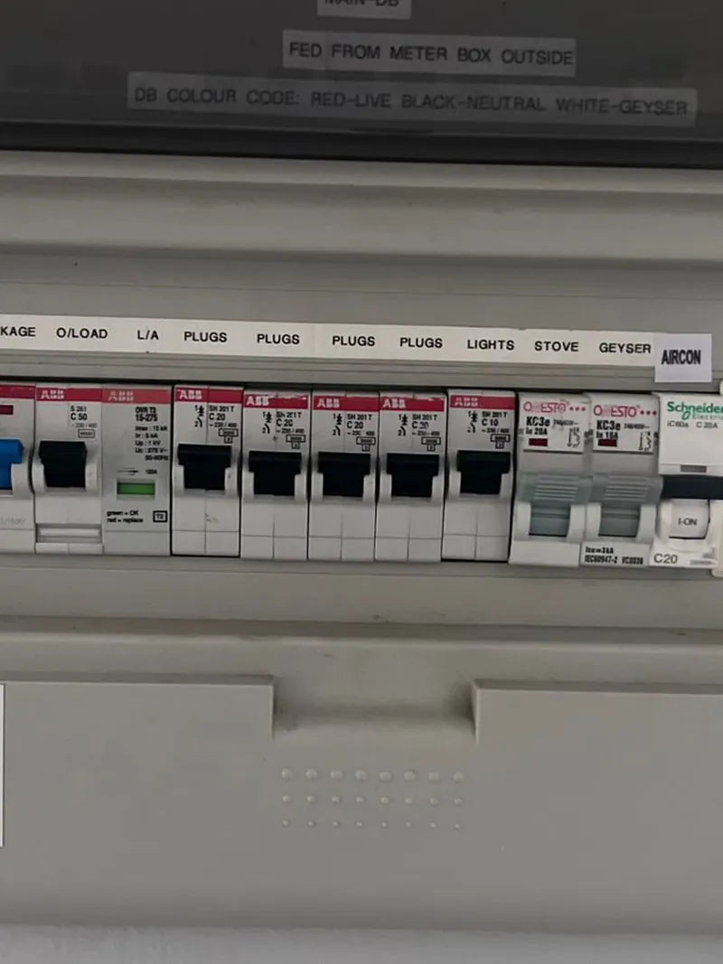 A row of labelled circuit breakers in a household distribution board